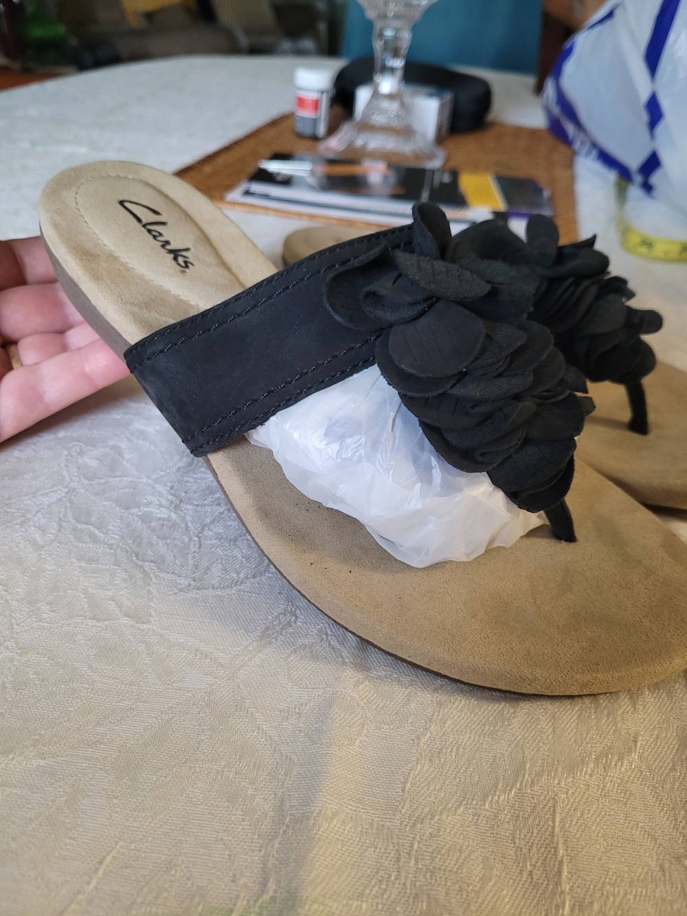Clarks Black Floral Toe-Post Sandal with Suede Footbed